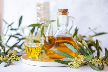Olive branch and olive oil bottle isolated on white.