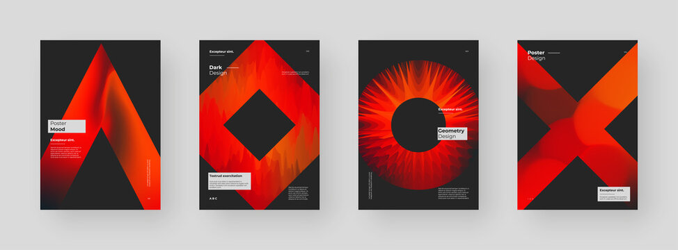 Abstract set Placards, Posters, Flyers, Banner Designs. Colorful gradient on vertical A4 format. Decorative backdrop. Vibrant gradient shape on black background