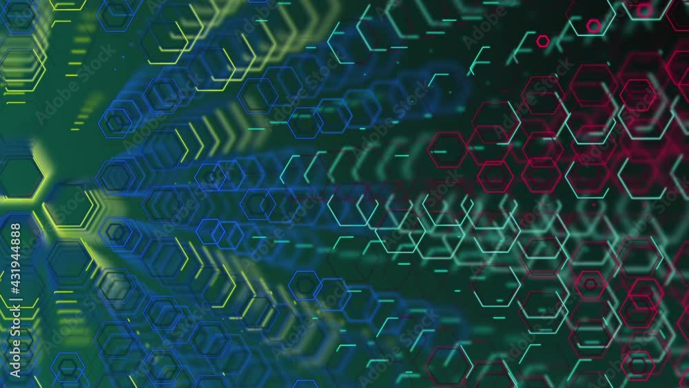 Poster movement of a wall of hexagons in waves up and down, which creates green self-luminous hexagons. abs