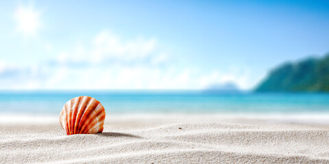 Red shell on sand and ocean landscape  - 431944839