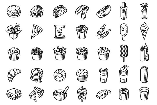 Fast food icon set. Burger, hot dog, pizza and other food black vector isolated icons on white background. Best for restaurants, cafes, bars and food courts.