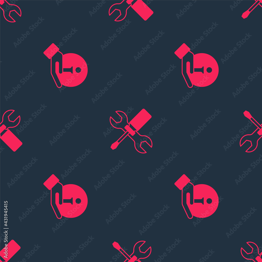 Aufkleber set information and screwdriver and wrench spanner on seamless pattern. vector