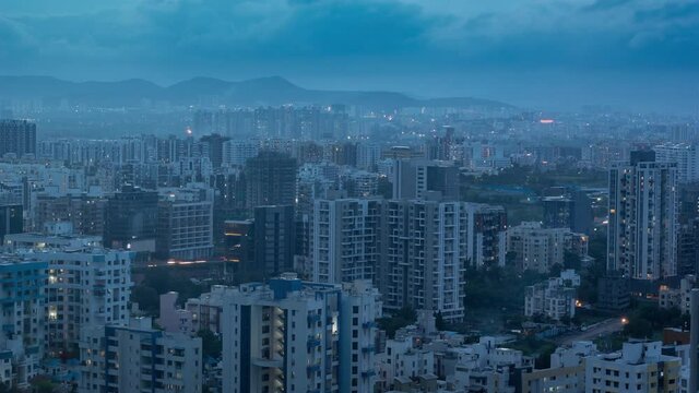 City Skyline View from a Hill and Beautiful Day to Night Transition Time Lapse, Pune, Maharashtra, India
