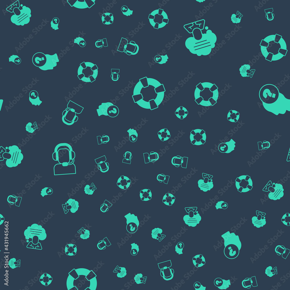 Poster set lifebuoy, speech bubble chat, man with headset and head question mark on seamless pattern. vecto