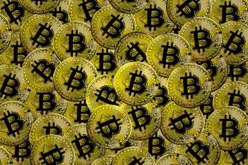 Bitcoin BTC crypto currency gold coins abstract texture, new virtual money concept. Mining or blockchain technology