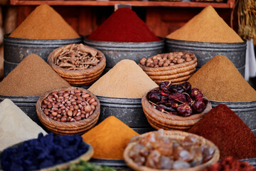 Exotic colorful spices on moroccan street market.