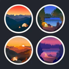 Foto op Plexiglas Collection of mountain and river camping landscapes in circle. Hiking overnight, sunset in forest, tent and fire. Editable vector illustration background © Alina Futura