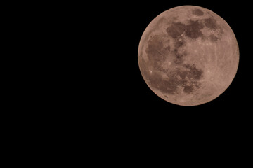 Super pink full moon rising in the night sky in April of 2021 on right side of photo with black copy space