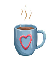 Vector illustration of cute blue cup with a hot drink. Coffee, tea, cocoa.