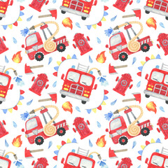 Seamless Pattern Fire Department and Fire truck watercolor. Fire equipment, funny cars illustration print. Red truck, attention. Red truck background. For digital paper, textile, fabric, wallpaper