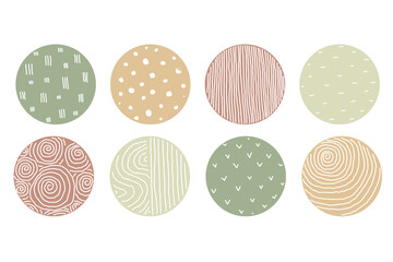 Set of round Abstract colorful Backgrounds or Patterns. Highlight cover set. Hand drawn doodle shapes. Spots, drops, curves, Lines. Contemporary modern trendy Vector illustration. Social media Icons t