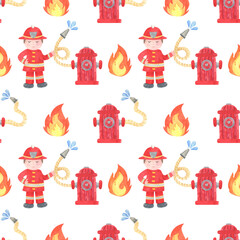 Seamless Pattern Fireman and fire equipment watercolor. Fire Department funny illustration print.  Red truck background. For digital paper, textile, fabric, wallpaper