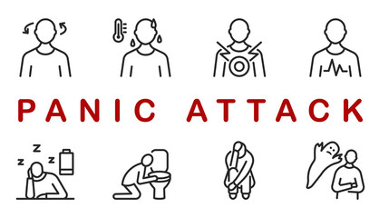 Panic attack symptoms rectangular banner with flat line icon. Vector illustration psychological illness characterized by dizziness, vomiting, heart palpitations, fear of death. Editable strokes