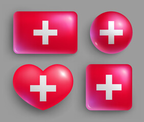 Obraz premium Glossy buttons with country Switzerland flags set. European country national flag shiny badges of different shapes. Swiss symbol in patriotic colors realistic vector illustration on gray background