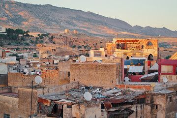 View of Fez City from the roof top terrace. Fes el Bali Medina, Morocco, Africa.