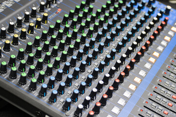 Fototapeta premium Audio control buttons Sound Control Hi Fi system The audio equipment, control panel of digital studio mixer