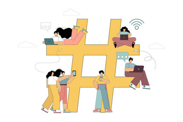 Hashtag concept. People use the big hashtag sign to send messages on social networks