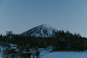 富士山。有名な日本の山。雪と夕日。日本イメージ。