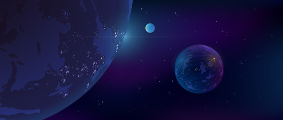 Obraz na płótnie Canvas Futuristic space background. Planets with glowing lights of cities. Outer space. Realistic vector illustration