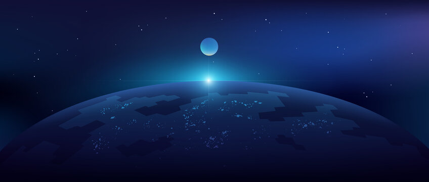 Futuristic space background. Planet with glowing lights of cities. Outer space © UNICRO