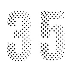 Number Thirty-five, 35 in halftone. Dotted illustration isolated on a white background. Vector illustration.