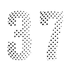 Number Thirty-seven, 37 in halftone. Dotted illustration isolated on a white background. Vector illustration.