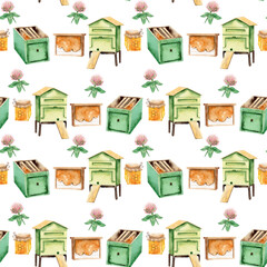watercolor seamless pattern - apiary in the meadow