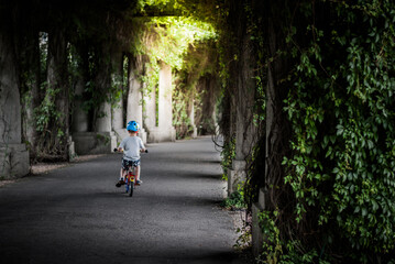 Small  boy in helmet riding bicycle in park road. Kid activity. Beautiful alley with columns and ivy.
