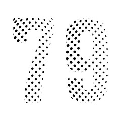 Number Seventy-nine, 79 in halftone. Dotted illustration isolated on a white background. Vector illustration.