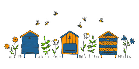 Vector apiary, bees, flowers. Colored linear hand drawn illustration is perfect for honey design, beekeeper brand identity, logo, card, label, wallpaper, poster - obrazy, fototapety, plakaty