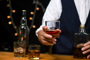 Bartender Serve Whiskey, on wood bar, 