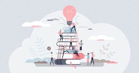 Building business with corporate knowledge and teamwork tiny person concept. Company growth gain and new startup project promising beginning vector illustration. Start with creative employees and idea