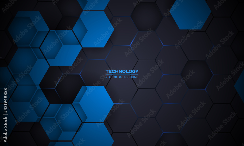 Poster Dark gray abstract hexagonal technology vector background. Blue bright energy flashes under hexagon in futuristic modern tech background vector illustration. Dark gray honeycomb texture grid.