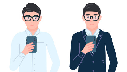 Businessman with phone. Office employee use smartphone, taking selfie. Manager male personage