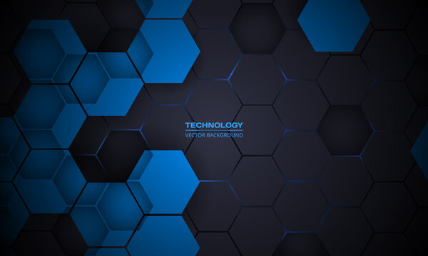 Dark gray abstract hexagonal technology vector background. Blue bright energy flashes under hexagon in futuristic modern tech background vector illustration. Dark gray honeycomb texture grid.