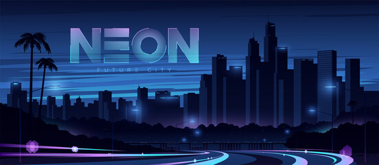 Futuristic city. Cityscape with motion car lights. Wide highway front view. Cyberpunk and retro wave style illustration.