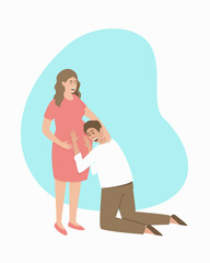 The man leaned against the belly of the pregnant woman to listen to the sounds of the baby. Happy couple expecting a baby. Flat vector illustration.