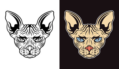 Sphynx cat head vector two styles illustration black on white and colored on dark background