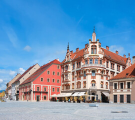 Maribor main square in Slovenia. Panoramic image with blue sky. Daylight, panoramic cityscape, copy-space on sky. Famous tourist destination in Europe.