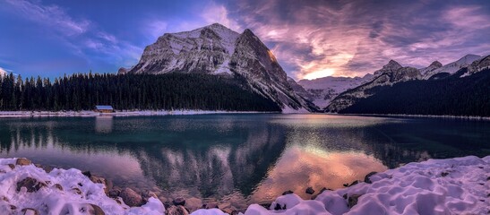 A poster perfect an Astonishing Golden hour landscape. Lake Louise.  A body of natural lake water...