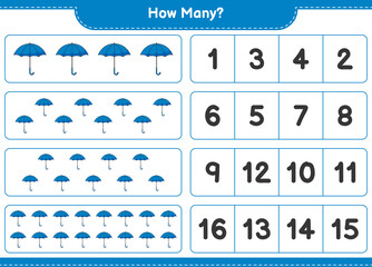 Counting game, how many Umbrella. Educational children game, printable worksheet, vector illustration