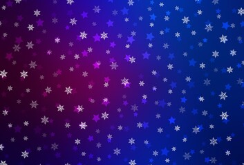 Dark Pink, Blue vector layout with bright snowflakes, stars.