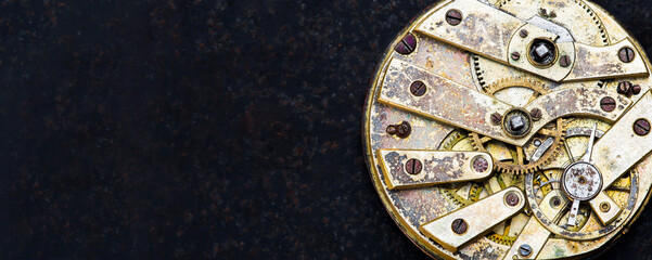 Web banner of vintage business golden clockwork mechanism with gears, time management concept