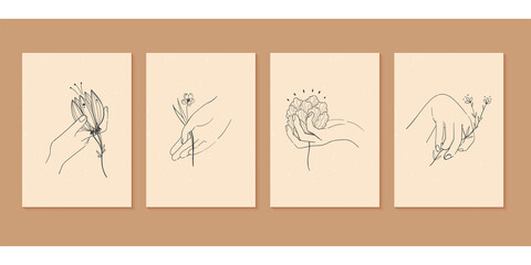 A set of four minimalist pastel posters. Backgrounds for your social media, web design, interiors. Vintage cute illustrations with different hands, flowers, plants, leaves from thin black lines.