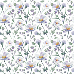 Watercolor hand drawn seamless pattern. Anemone sylvestris on white background isolated. Lovely blue anemone flowers, buds, leaves, sprouts. Beautiful endless texture for your design.