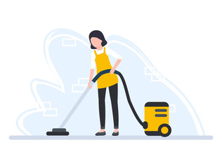 Cleaning service woman vacuuming the floor. Female character in uniform with a vacuum cleaner