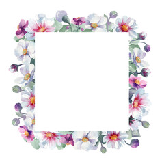 Watercolor hand drawn square frame on white background isolated. Many flowers: cosmos purple anemones anemones sylvestris. Buds petals sprouts leaves. Nice frame for your rustic, boho, wedding design.