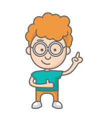 Cute little boy in glasses with red hair and thumbs up is pointing a finger while thinking about something great
