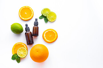 Cosmetic oil and citrus fruits . Cosmetic procedures. Healthy skin. Skin care. Citrus oil. Copy...