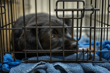 Cute Labrador Retriever Puppy in His Crate - 431953437